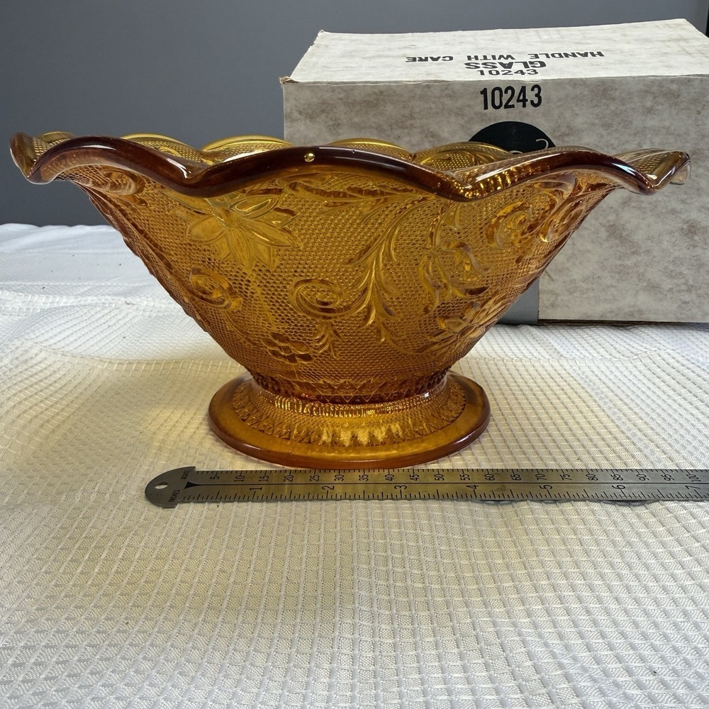 Vtg Indiana Tiara Sandwich Glass Amber/Gold Large Scalloped Pedestal‎ Bowl Box